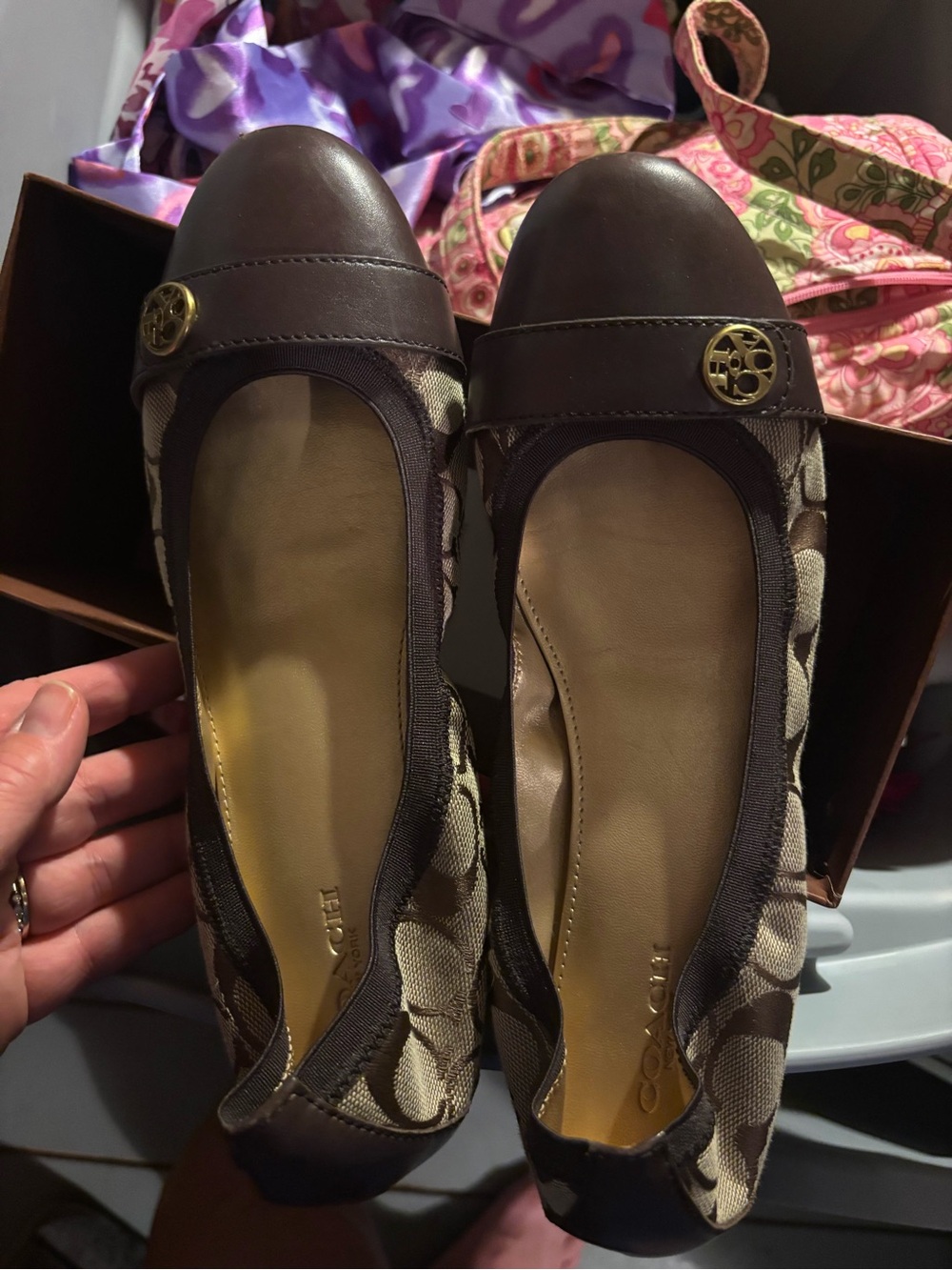 Coach Brown Signature Canvas & Leather Ballet Flats with Gold Logo